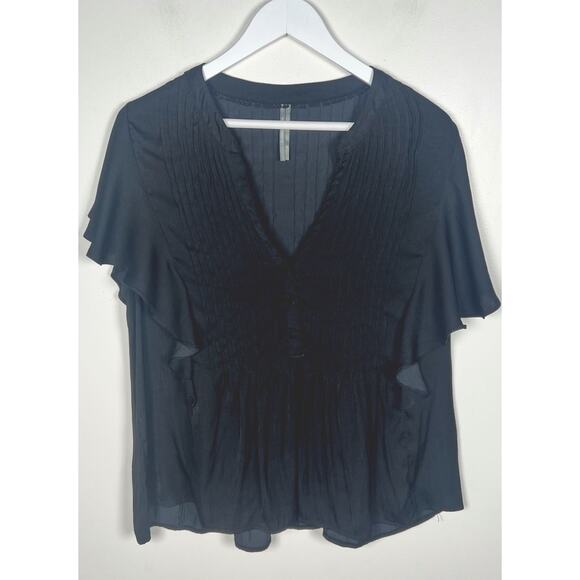 Anthropologie Womens XL Black Silky Pintucked V-Neck Flutter Sleeves Swing Top - Picture 1 of 7